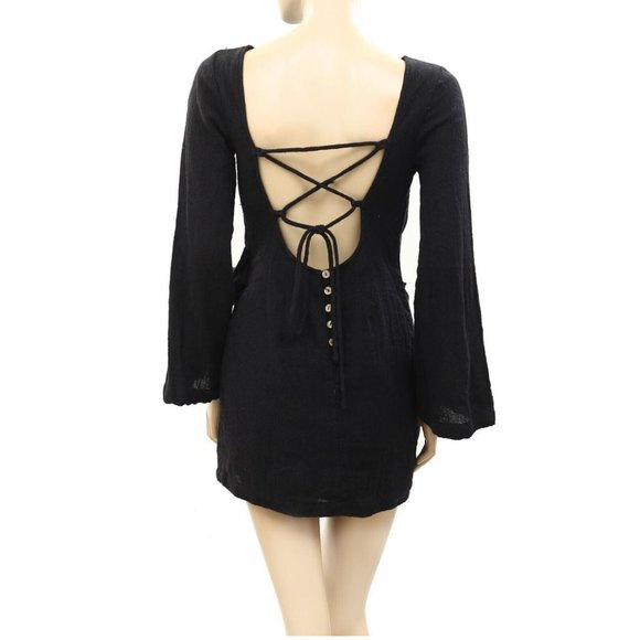 NWT Free People Simona Black Long Sleeve Mini Dress Lace Up Buttoned Low Cut - Picture 4 of 7